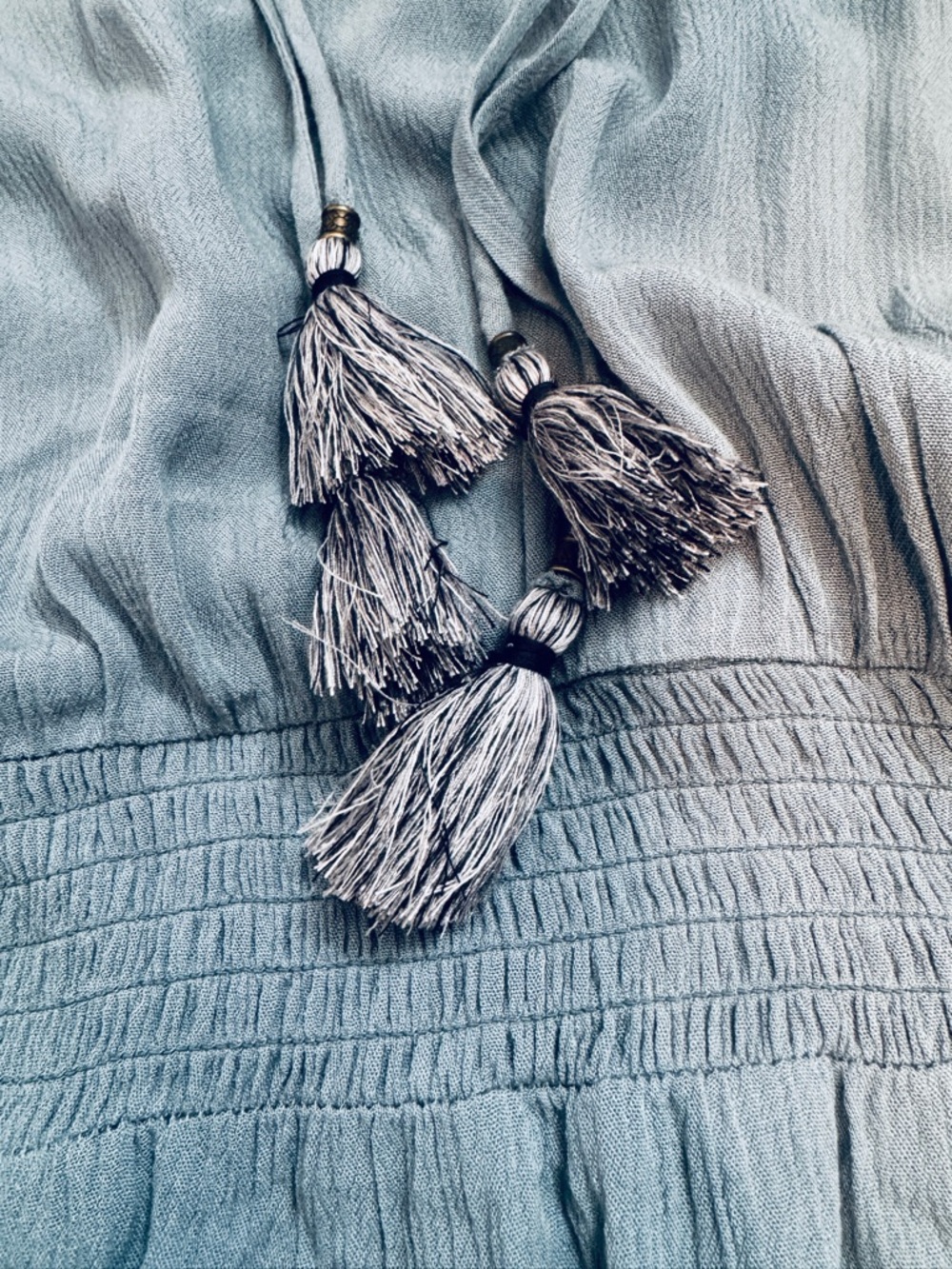 Davina Boho Goddess Maxi Dress Tiered Tassels Dusty Teal Seafoam Mint Dress - Picture 9 of 11
